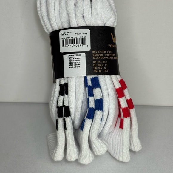 Vans Boy’s White Crew Socks with Red, Blue, and Black Checkered Pattern - Picture 2 of 5